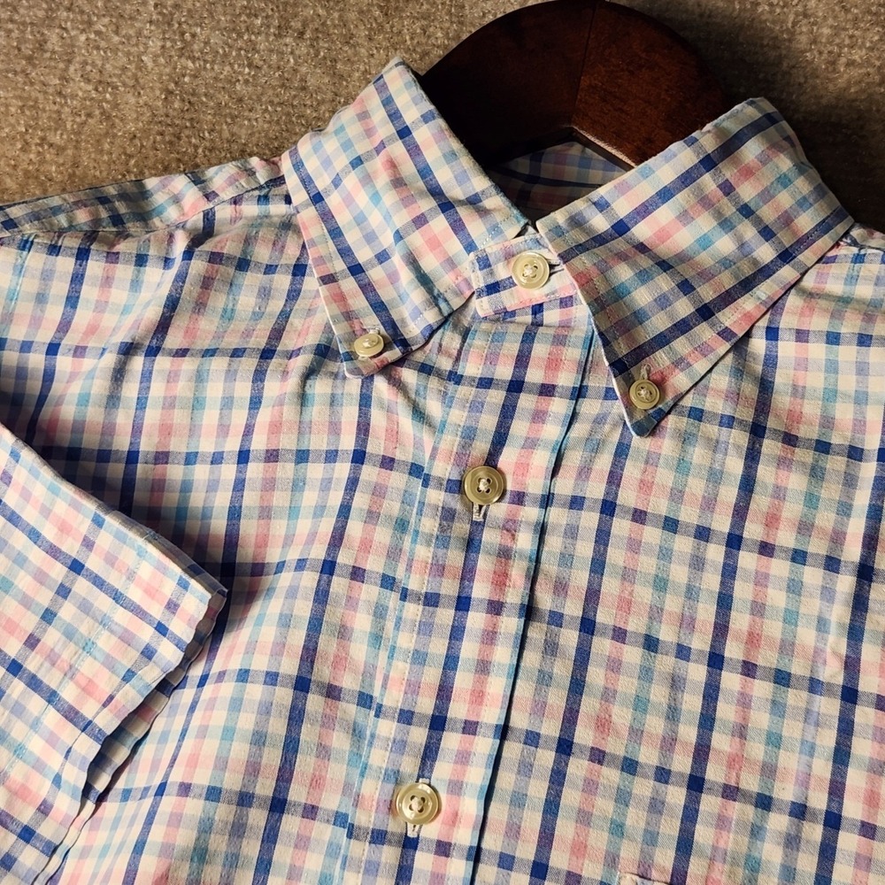 Brooks Brothers Button Down Shirt Men Small Blue Pink Check Regent Short Sleeve